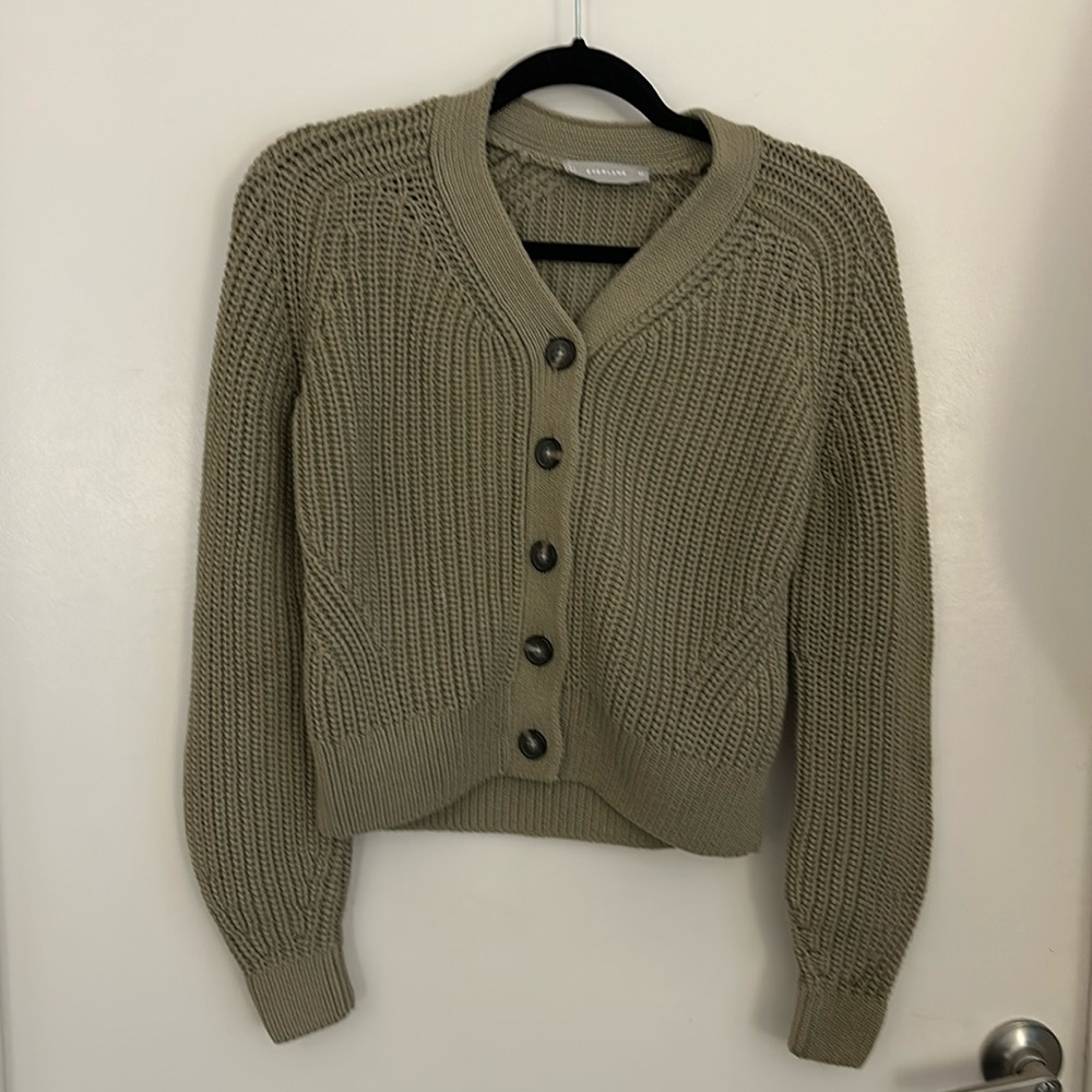 Army green cotton Everlane knitted textured cardigan